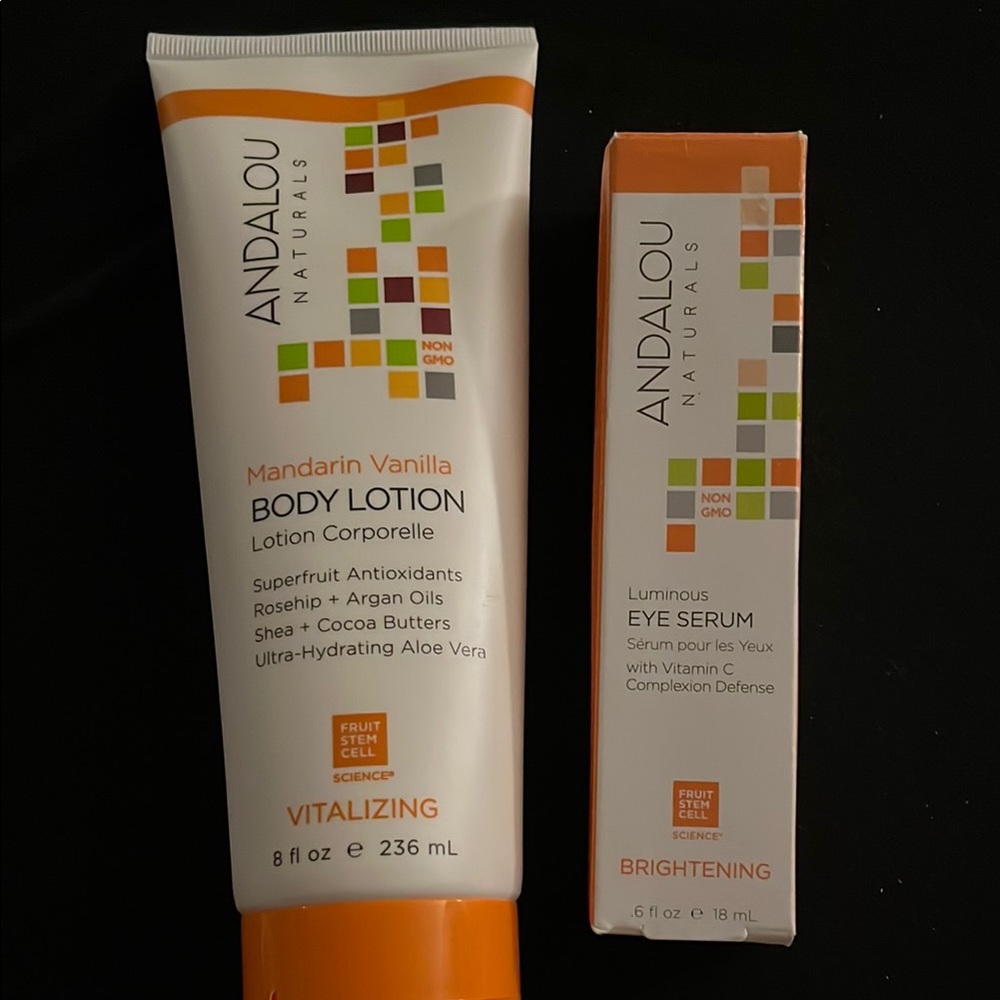Andalou Naturals Bundle Mandarin Vanilla Body Lotion plus Eye serum full sizes